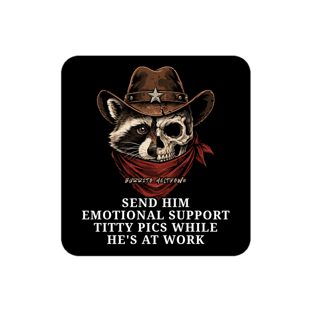 Emotional Support Pics โ Cowboy Raccoon Sticker Mockup