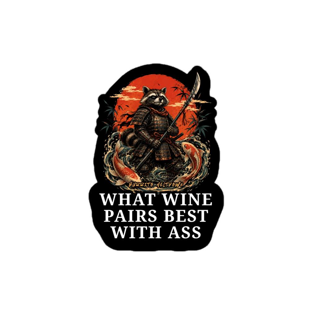 What Wine Pairs Best With Ass โ Samurai Raccoon Sticker Mockup