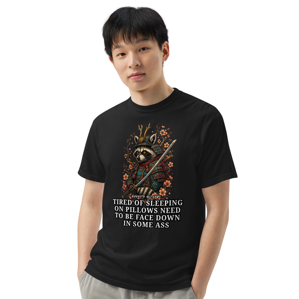 Tired Of Sleeping On Pillows – Samurai Raccoon Tee Mockup