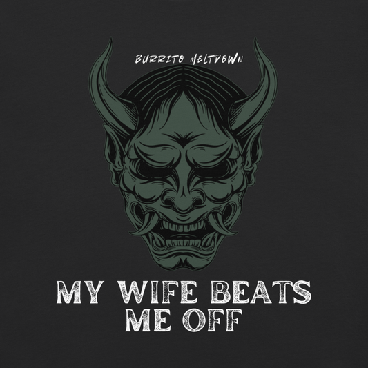 My Wife Beats Me Off – Demon Skull Mask Tee Mockup