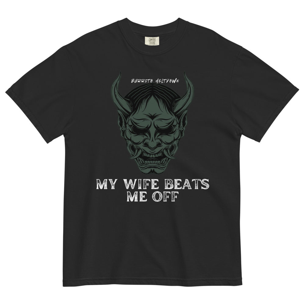 My Wife Beats Me Off – Demon Skull Mask Tee Mockup