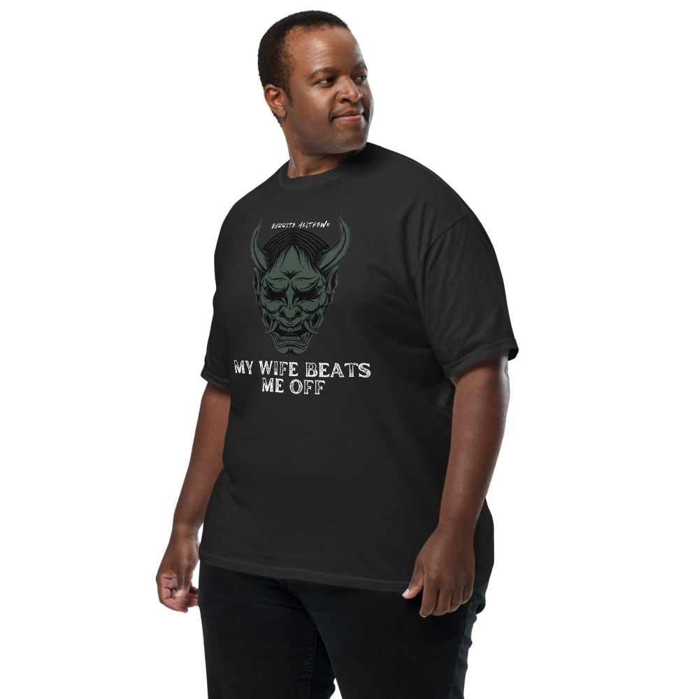 My Wife Beats Me Off – Demon Skull Mask Tee Mockup