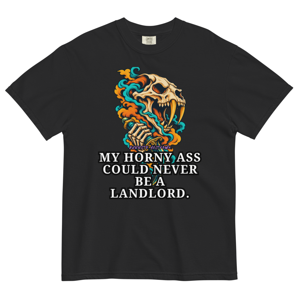 Could Never Be a Landlord – Flaming Sabertooth Skull Tee Mockup