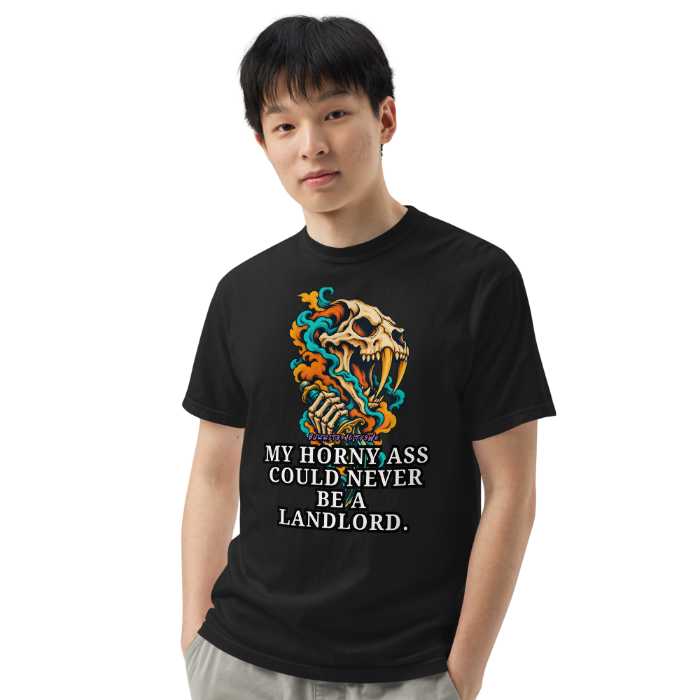 Could Never Be a Landlord – Flaming Sabertooth Skull Tee Mockup