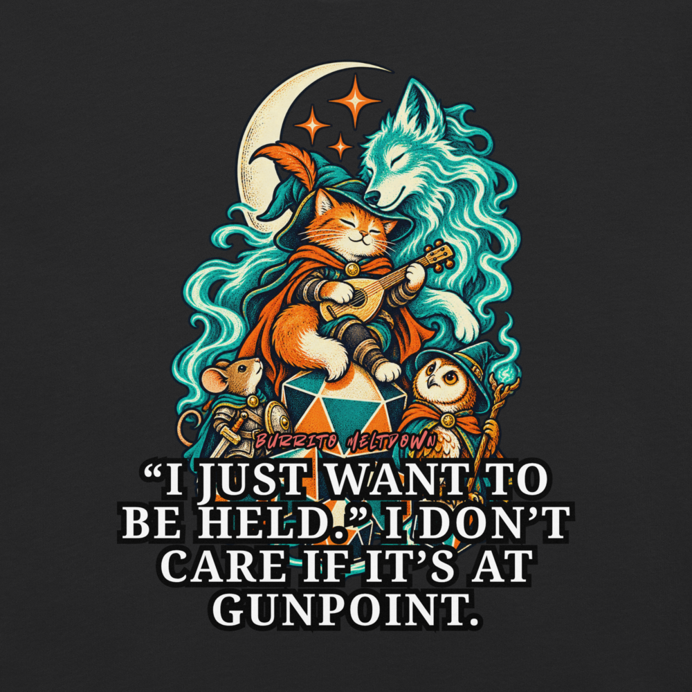 I Just Want to Be Held – Cat Bard and Wolf Spirit Tee Mockup