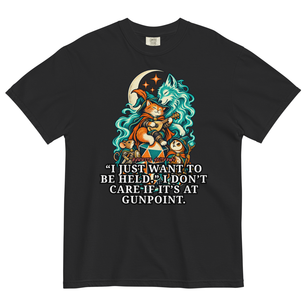 I Just Want to Be Held – Cat Bard and Wolf Spirit Tee Mockup