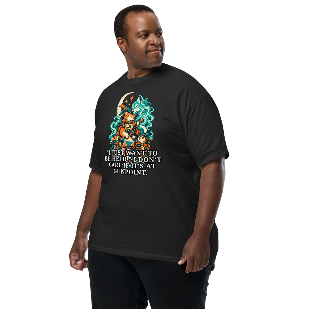 I Just Want to Be Held – Cat Bard and Wolf Spirit Tee Mockup
