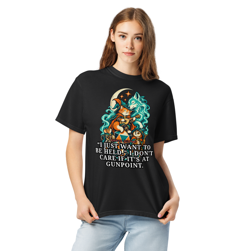 I Just Want to Be Held – Cat Bard and Wolf Spirit Tee Mockup