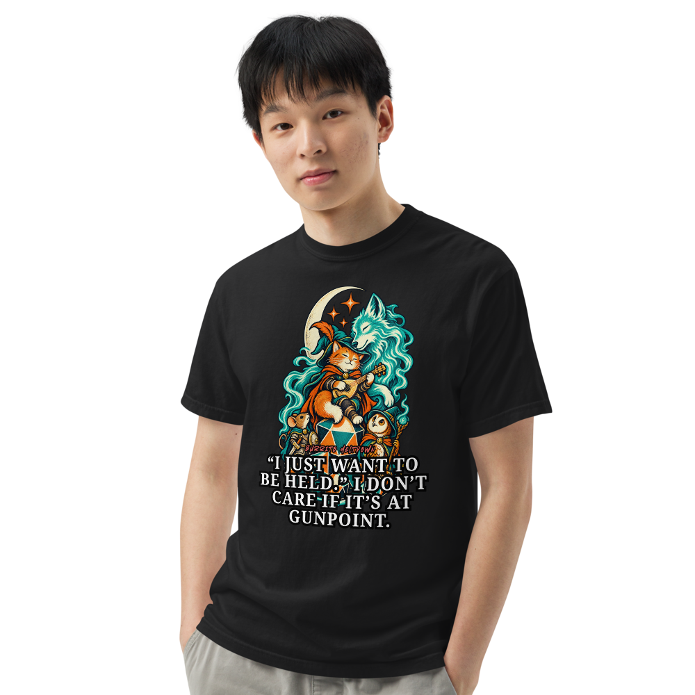 I Just Want to Be Held – Cat Bard and Wolf Spirit Tee Mockup