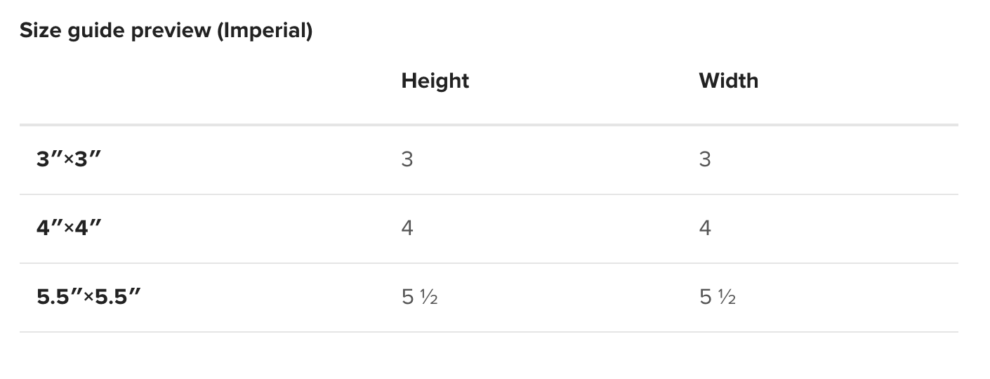 Size guide preview for imperial measurements with dimensions listed.