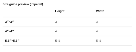 Size guide preview for imperial measurements with dimensions listed.