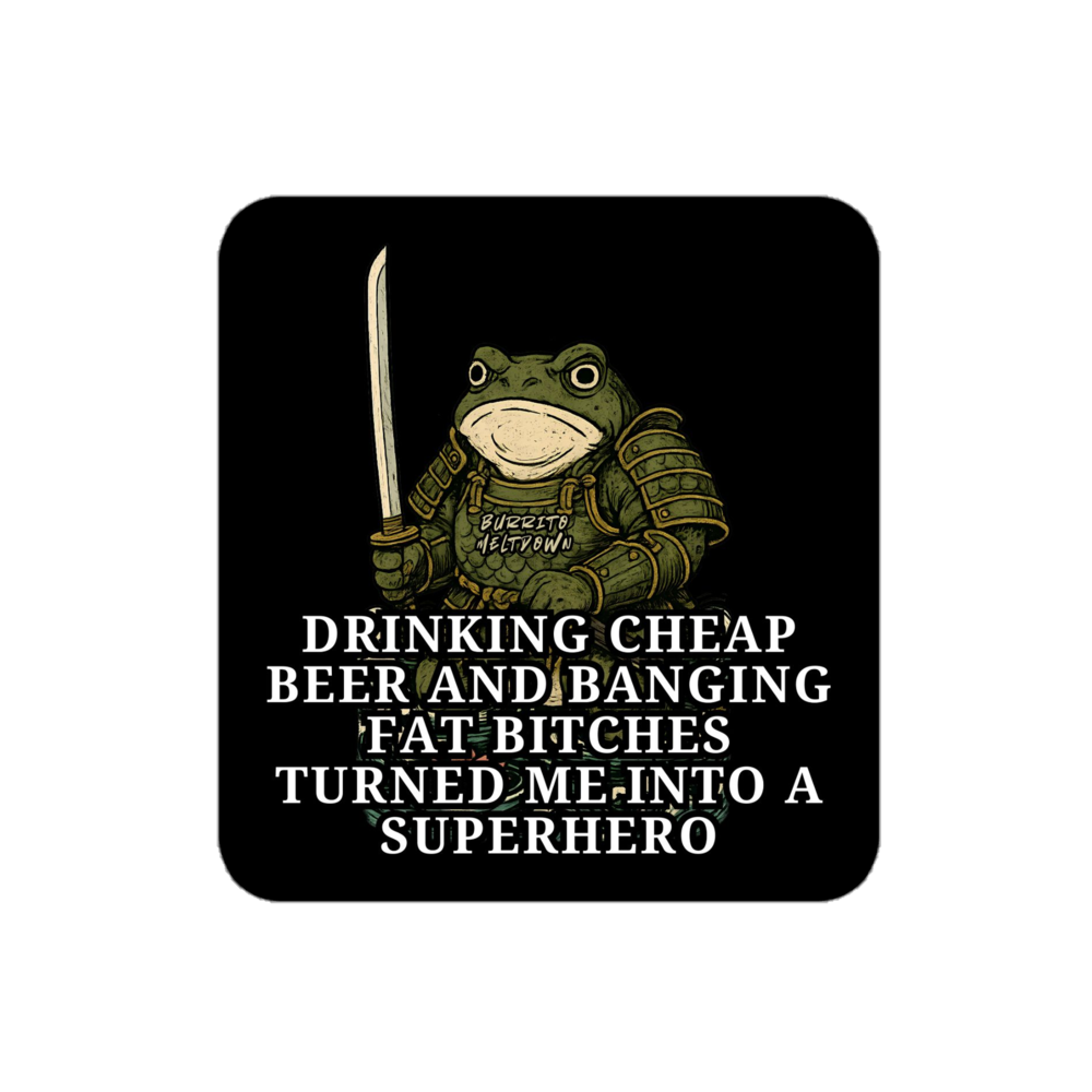 Cheap Beer Superhero – Samurai Frog Sticker mockup
