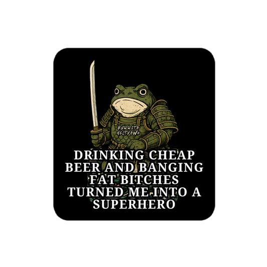 Cheap Beer Superhero – Samurai Frog Sticker mockup