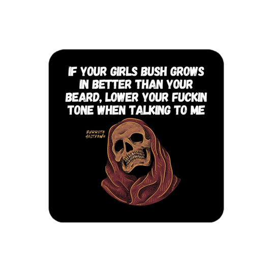 Lower Your Tone – Hooded Skull Sticker mockup
