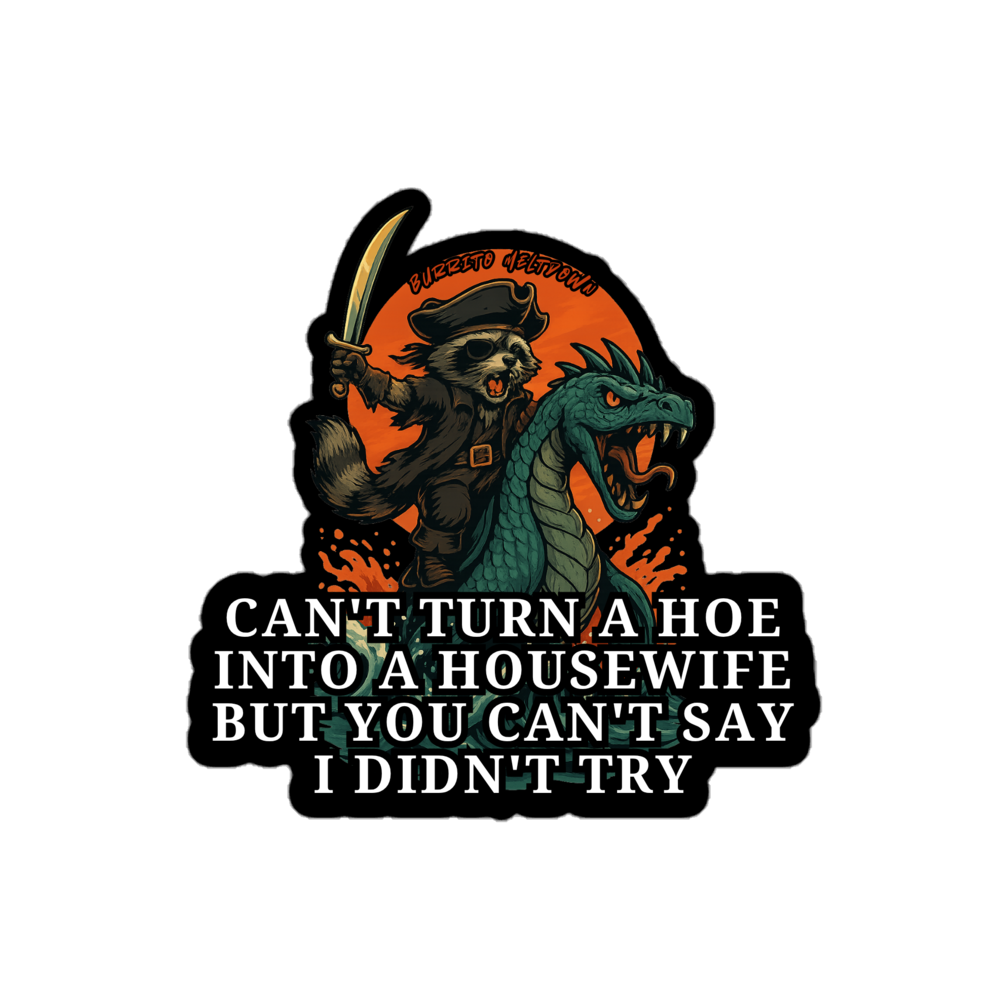 Hoe Into A Housewife – Raccoon Pirate Sticker Mockup