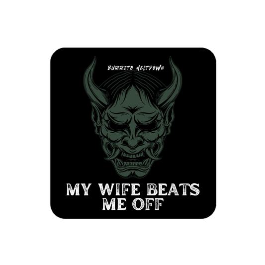 My Wife Beats Me Off – Demon Skull Mask Sticker Mockup