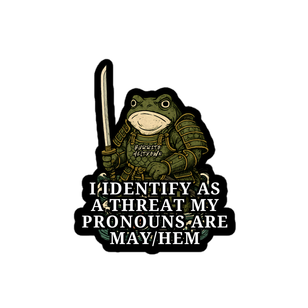Pronouns are Mayhem – Samurai Frog Sticker Mockup