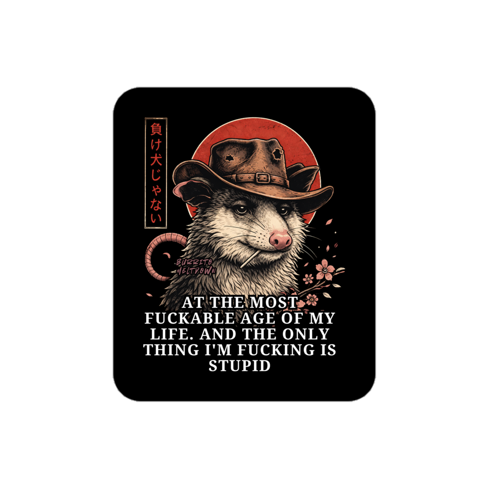 The Only Thing I'm Doing Is Stupid – Cowboy Possum Sticker Mockup