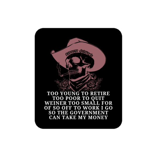 Too Young To Retire – Cowboy Skull Sticker Mockup
