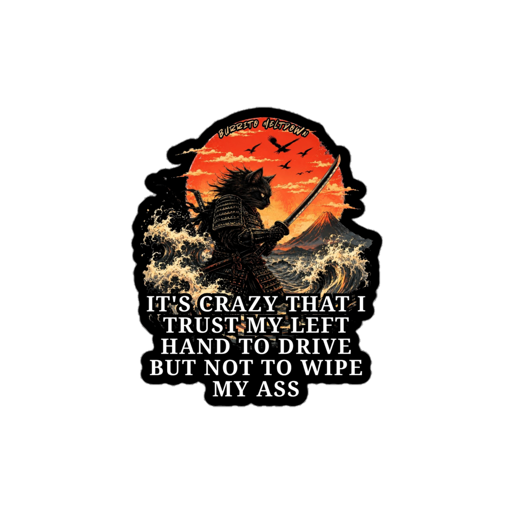 Trust My Left Hand – Samurai Cat Sticker Mockup